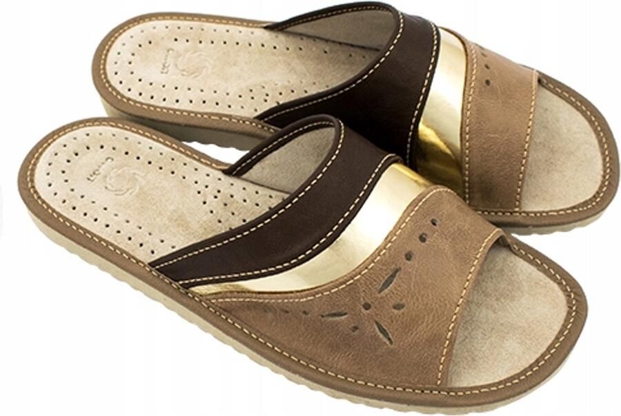Nowo Dames Pantoffels Leer Bruin Antislip Comfort