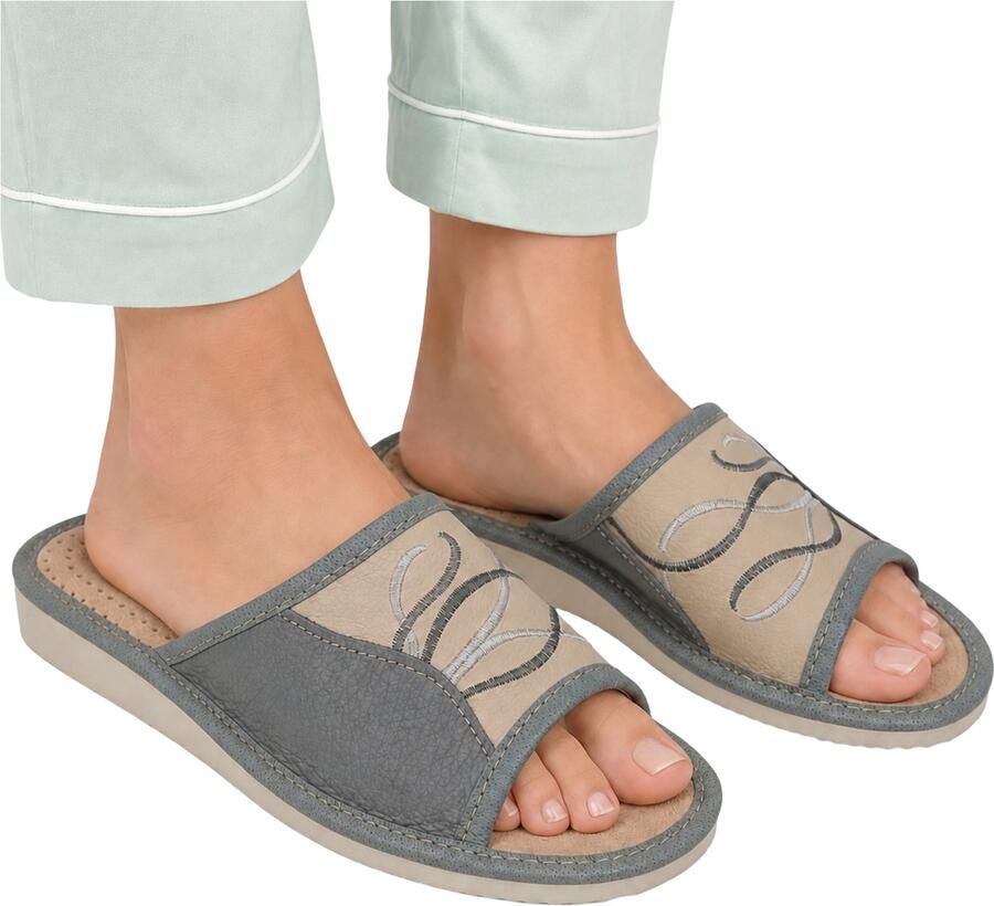 Nowo Dames Pantoffels Leer Grijs Comfort & Stijl