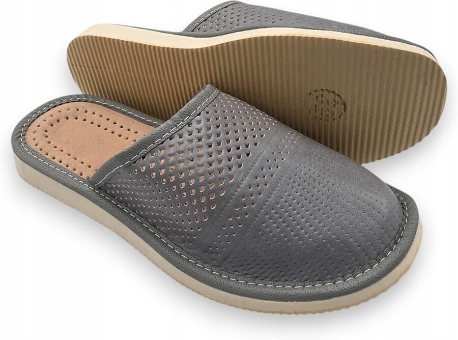 Nowo Dames pantoffels leer grijs comfortabele huisschoenen