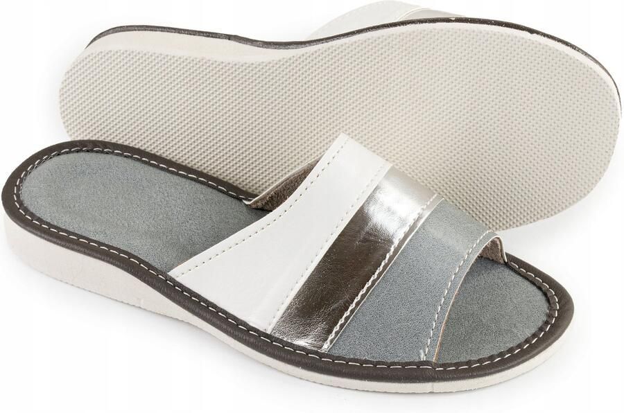 Nowo Dames Pantoffels Leer Grijs Wit Zilver Profielzool