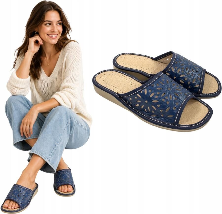 Nowo Dames Pantoffels Leer Navy Blauw Open Teen