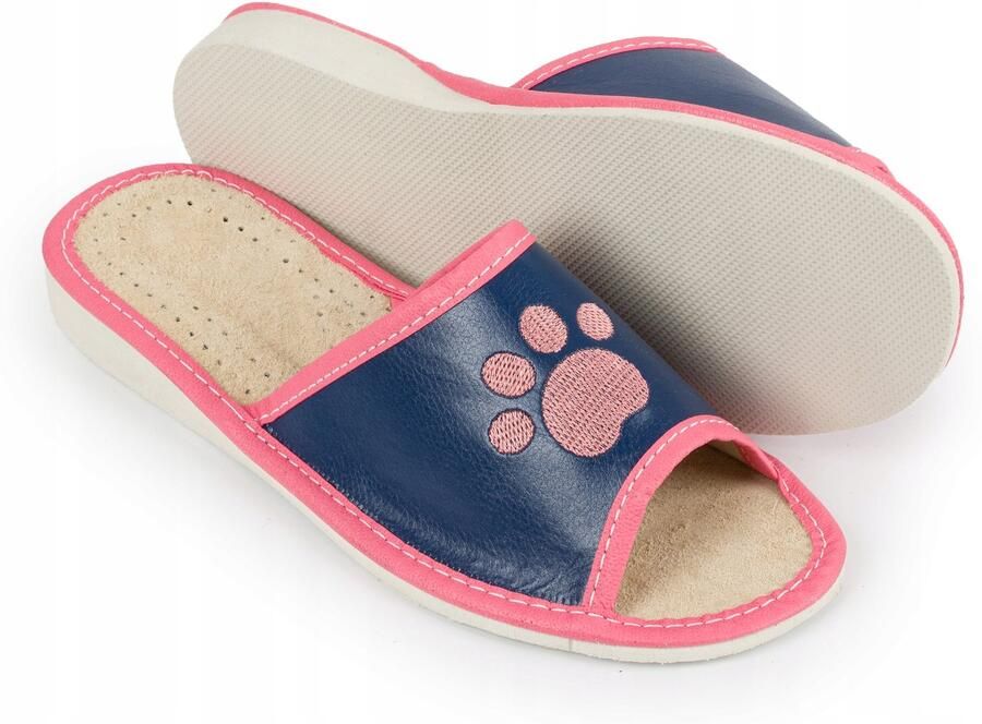 Nowo Dames Pantoffels Leer Roze Blauw Kattenprint Open Teen