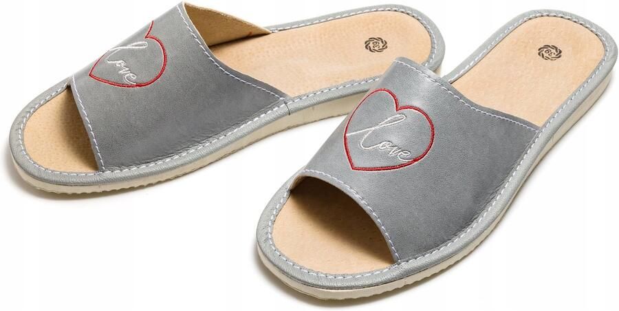 Nowo Dames Pantoffels Leren Comfort Hartje Liefde Grijs