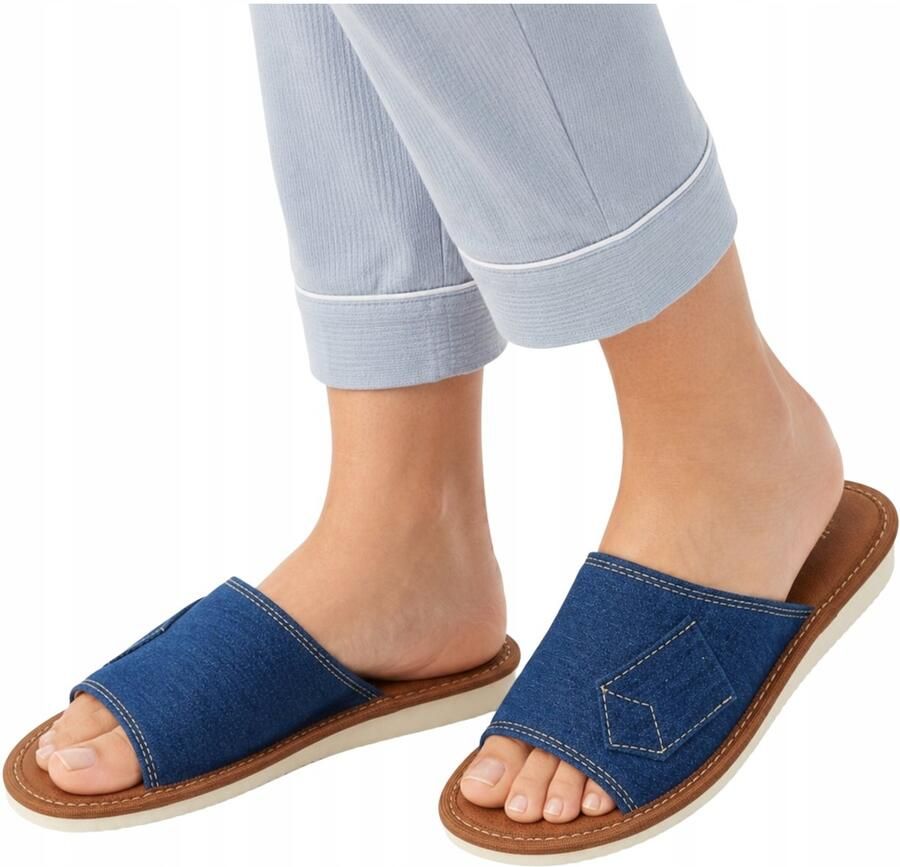 Nowo Dames pantoffels navy jeans met leren binnenzool