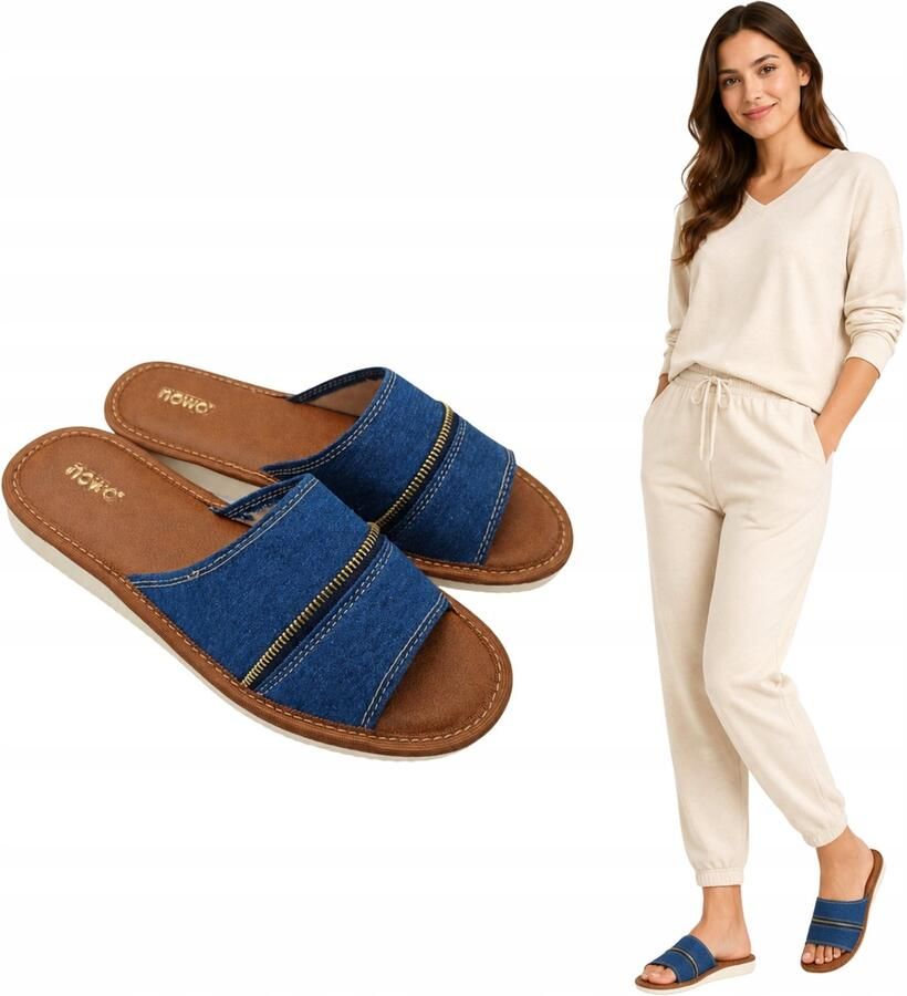 Nowo Dames Pantoffels Open Teen Granat Leer Jeans