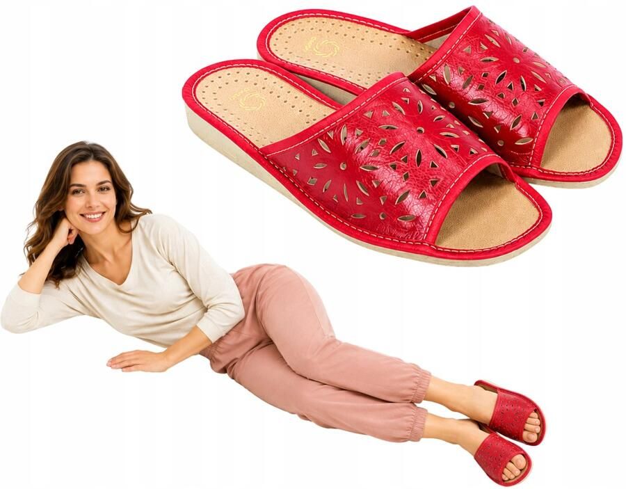 Nowo Dames Pantoffels Rood Leer Open Neus