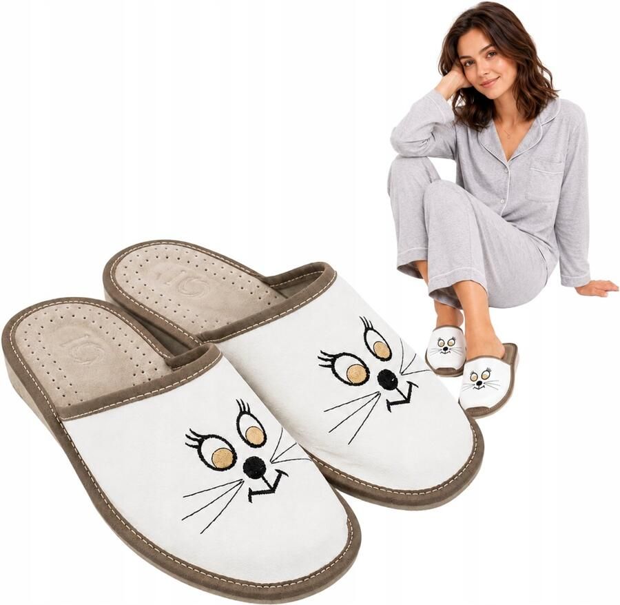 Nowo Dames Pantoffels Wit met Katje Comfortabel & Antislip