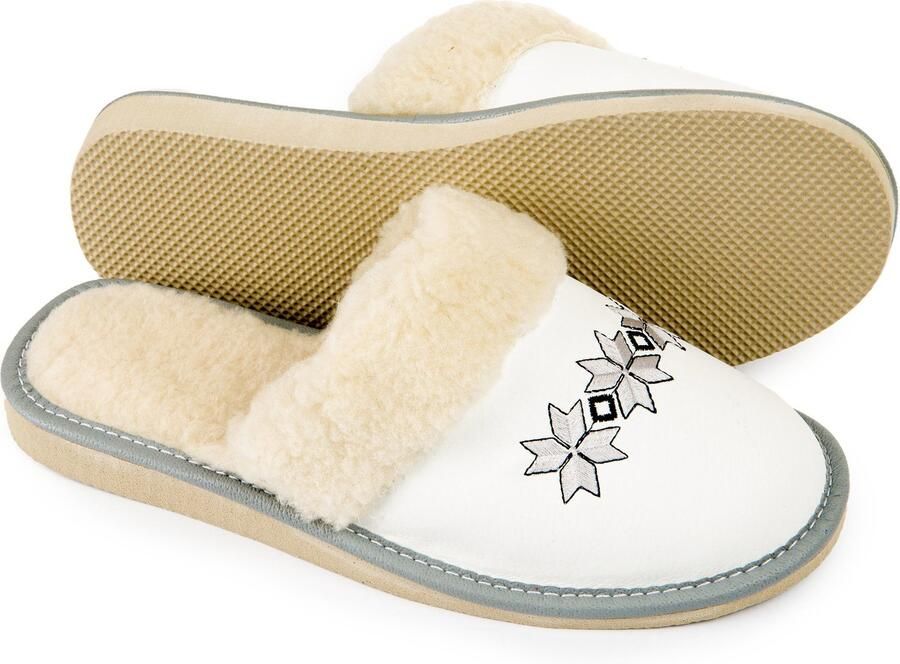 Nowo Dames pantoffels wit leer gevoerd met imitatiebont