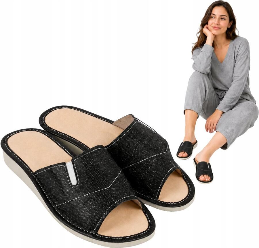Nowo Dames Pantoffels Zwart Glanzend met Elastiek