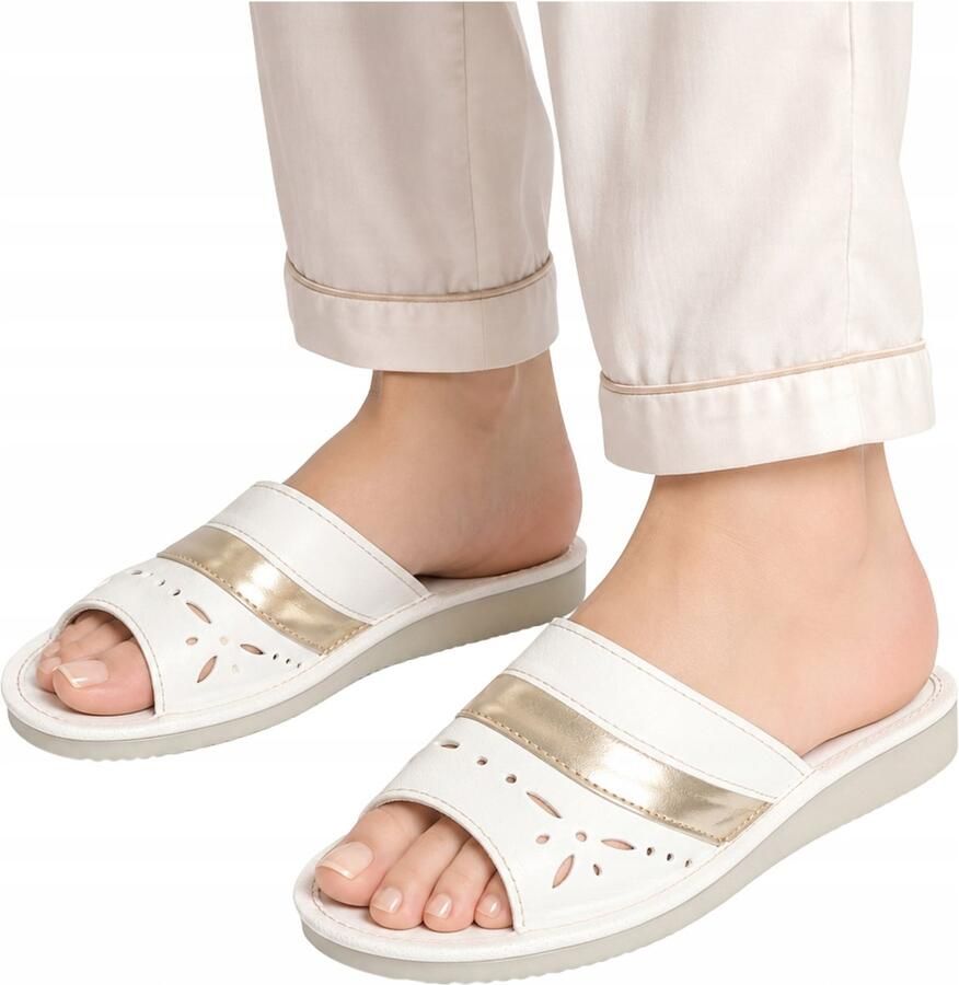 Nowo Dames Slippers Wit Goud Leer Open Teen