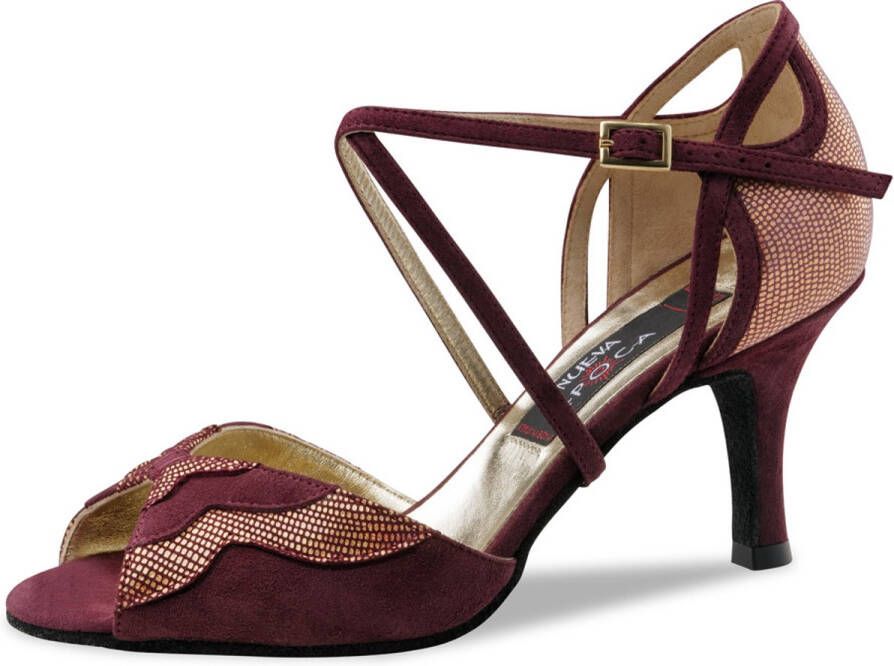 Nueva Epoca Catalina Dansschoenen Dames Latin Salsa Argentijnse Tango Bordeaux rood suède met gouden glitters Suède zolen Open teen Danshakken Bordeaux