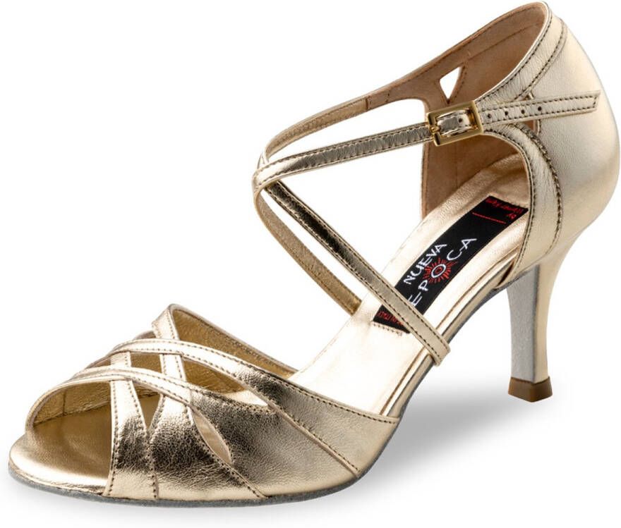 Nueva Epoca Cleo Dames Dansschoenen in Platina Leer Suède zolen Gevlochten open teen Gekruist bandje over wreef Hak Argentijnse Tango Latin Salsa dansen Goud