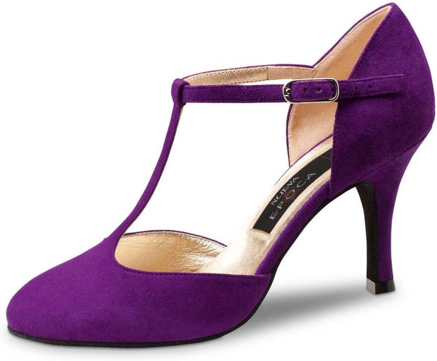 Nueva Epoca Corazon Paarse Dansschoenen voor Dames Hoge Hak Donkerpaars Suède T bandje Dichte Teen Suède Zolen Danshakken voor Argentijnse Tango Latin Salsa Kizomba Paars