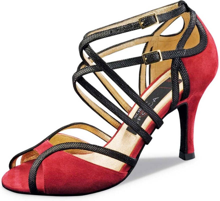 Nueva Epoca Cosima Dansschoenen voor Dames met Suède zolen Rood met Zwart Danshakken hoog Argentijnse Tango Salsa Latin schoenen Meerdere bandjes Zwart Rood