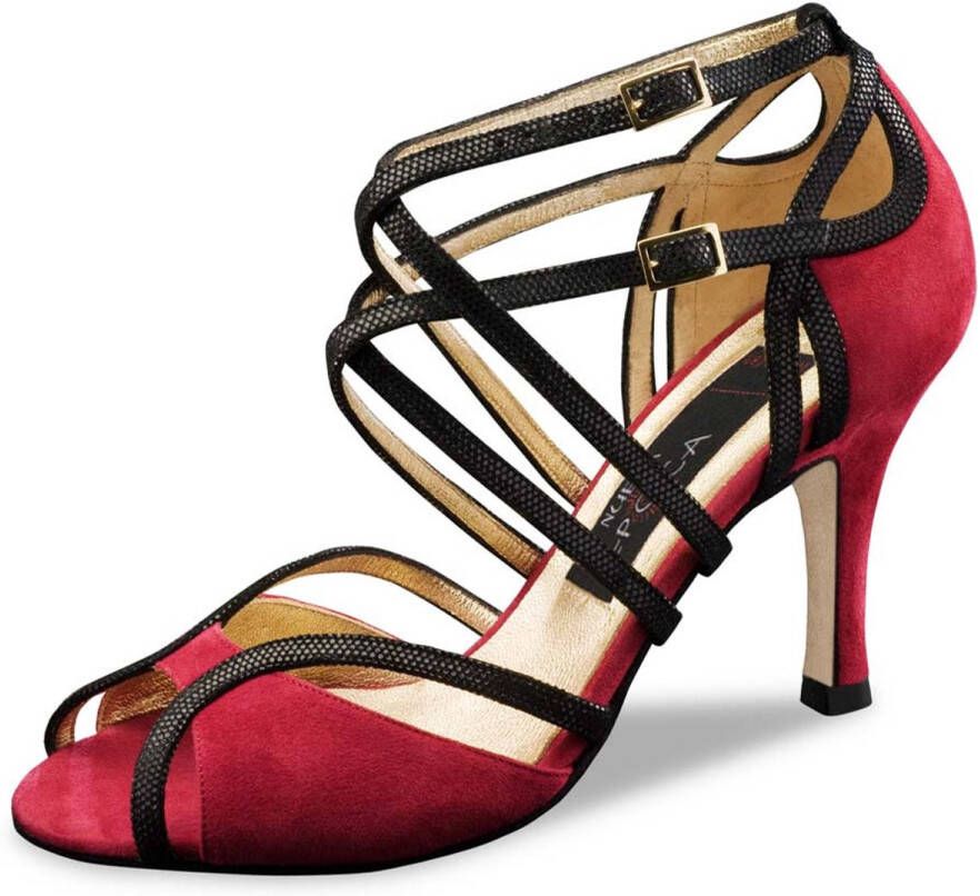 Nueva Epoca Cosima LS Dames Dansschoenen met Lederen Buitenzool Rood met glimmende zwarte bandjes Suède materiaal Hak Danshakken Argentijnse Tango Latin Salsa en Kizomba Rood zwart