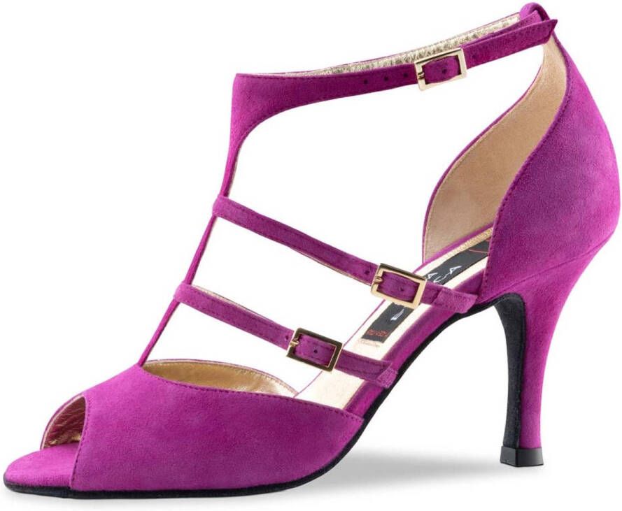 Nueva Epoca Filia Dansschoenen voor Dames met Suède Zool Paars-Roze Suède Stiletto hak Drie riempjes Open teen Salsa Latin Argentijnse tango schoenen Felle kleur Fuchsia
