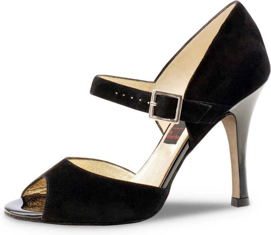 Nueva Epoca Maite LS Lederen zool Dansschoenen voor Dames Zwart suède en lakleer Dansschoenen voor buiten Open teen Breed bandje over wreef Danshakken voor Argentijnse Tango Latin Salsa Kizomba Zwart