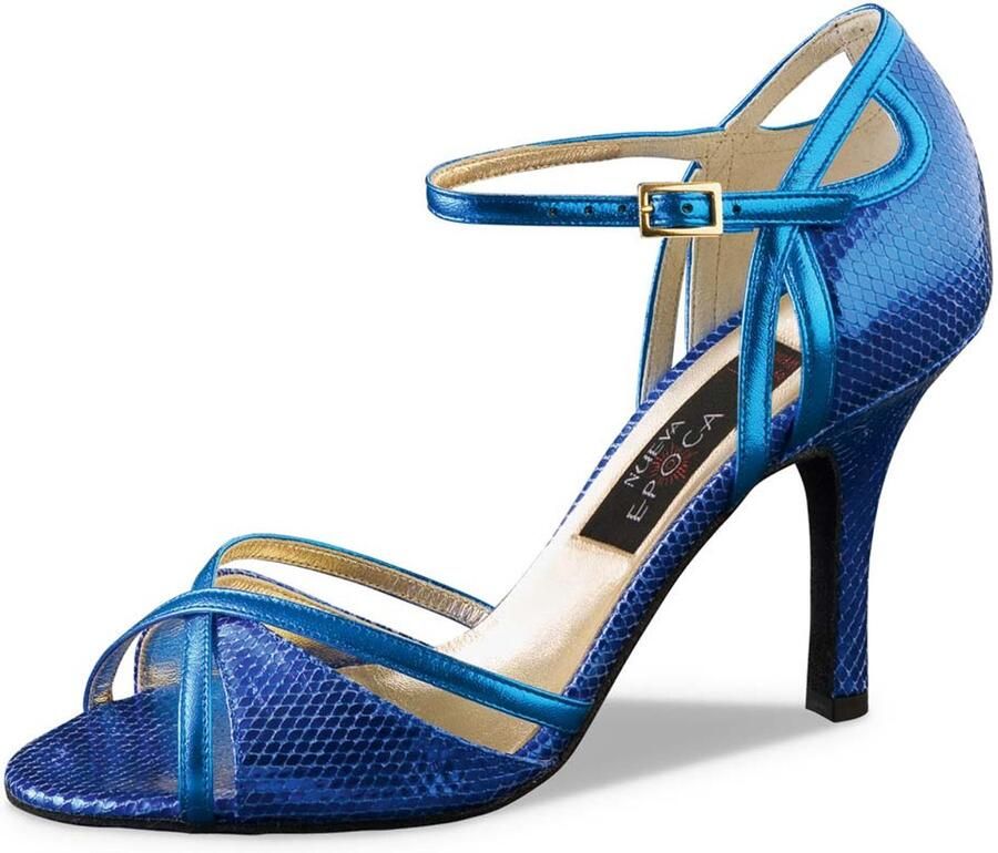 Nueva Epoca Angeles Dames Dansschoenen in Blauw Leer met Glans Gouden details Hoge hak Tango Salsa Latin Dansschoenen Open teen Suede zool Nueva Epoca Blauw