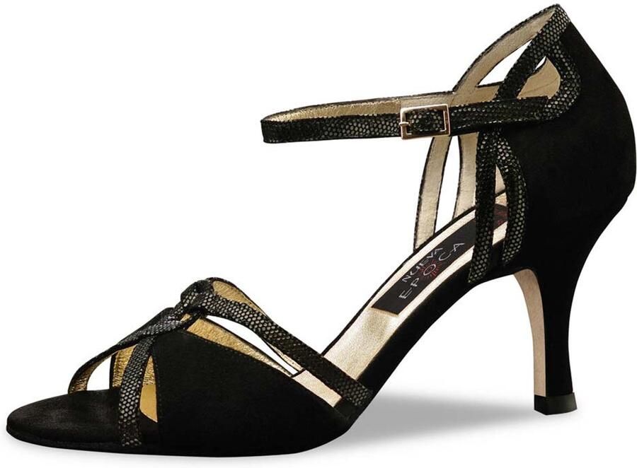 Nueva Epoca Christina LS Dansschoenen voor Dames met Lederen Zool Binnen en Buiten dansschoenen Argentijnse Tango Salsa Latin schoenen Danshakken hak Open teen Zwart suède en glitterdetails Zwart