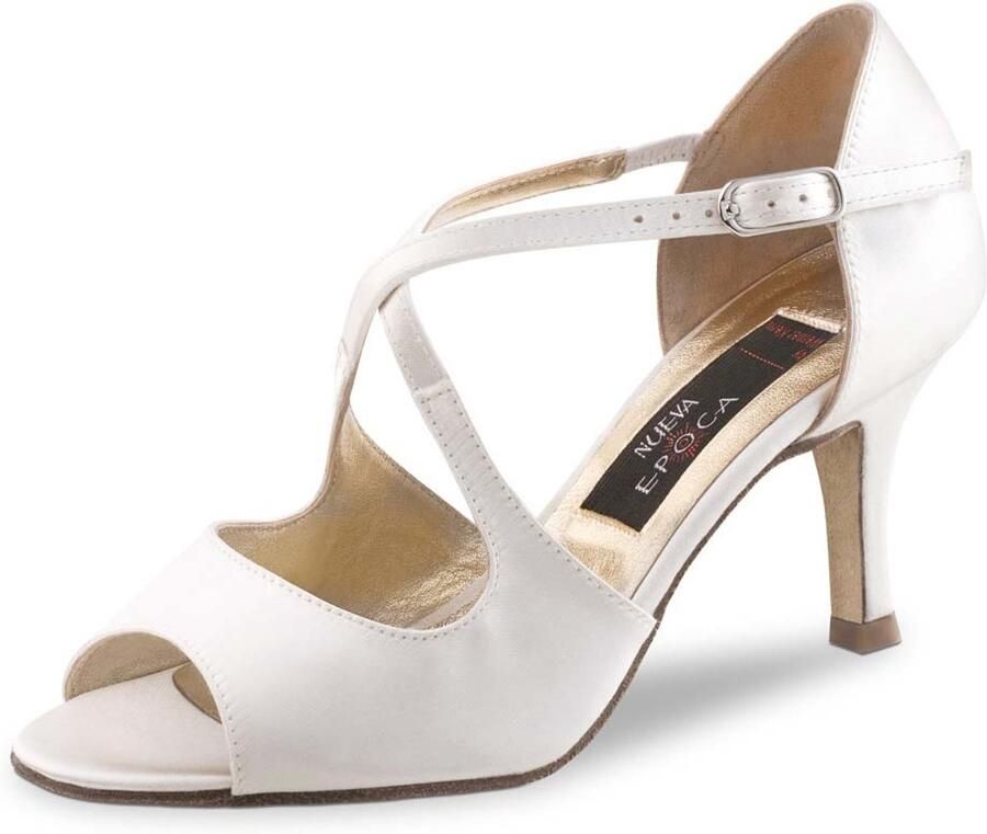 Nueva Epoca Mable LS Bruidsschoenen Dames in Wit Satijn Buiten Dansschoenen met Lederen Zool Open Teen Gekruist bandje Hak Comfortabele Trouwschoenen Drukknoopje Latin schoenen Nueva Epoca Wit