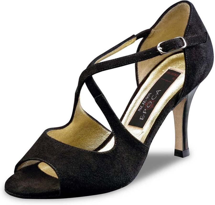 Nueva Epoca Martha LS Dansschoenen Dames Zwart Suède Lederen zool voor buiten dansen Open Neus Gekruist bandje Argentijnse Tango Kizomba Salsa Latin schoenen Hoge Hak Zwart
