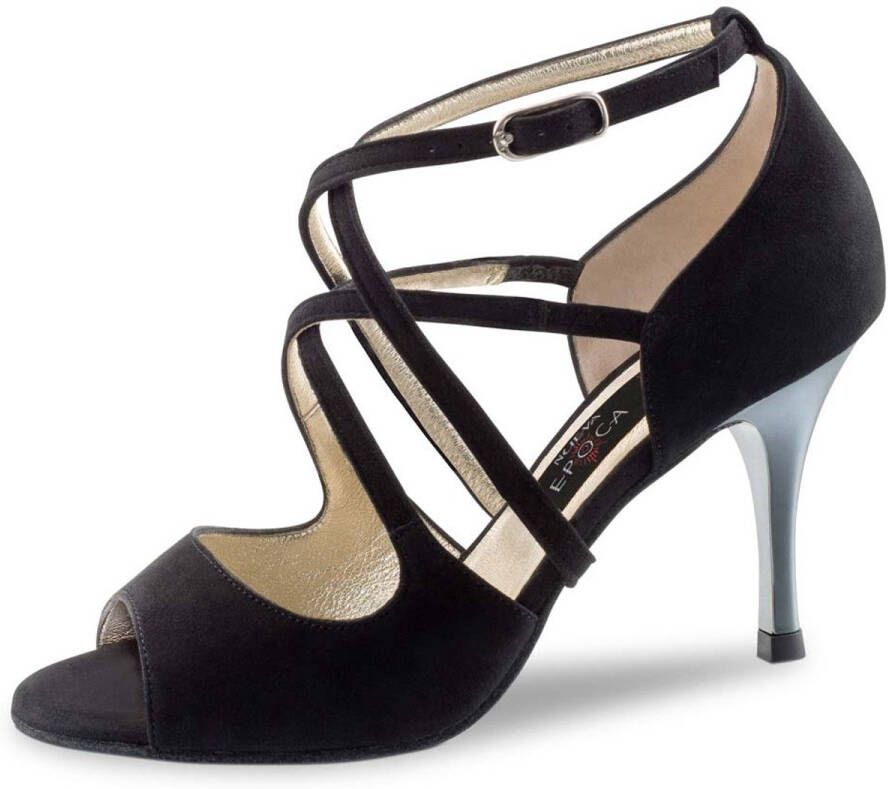 Nueva Epoca Riana Dansschoenen Dames Zwart Suède met Zilveren Hak Open Teen Argentijnse Tango Latin Salsa schoenen Gekruiste bandjes Suede zool Zwart