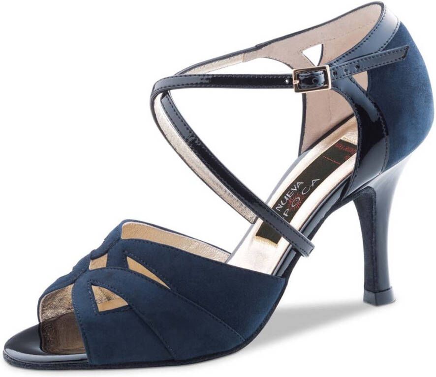 Nueva Epoca Rosita Latin Dansschoenen in Donkerblauw Suède Danshakken Dames Open Teen Argentijnse Tango Salsa en Kizomba Hak Suede zolen Lakleren details Donkerblauw