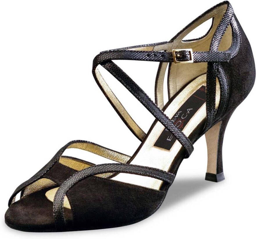 Nueva Epoca Shakira LS Dansschoenen Dames met Lederen Zool voor Buiten Glimmende Bandjes Stabiele Hak Zwart Suède Argentijnse Tango Latin Salsa Kizomba Heels Zwart