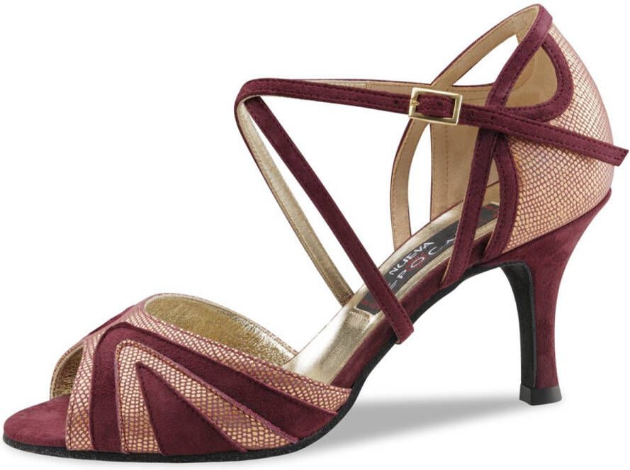 Nueva Epoca Vienna Dansschoenen Dames Donkerrood met Gouden Glitters Hak Suède zolen Open teen Latin Salsa Argentijnse Tango Hakken Bordeaux