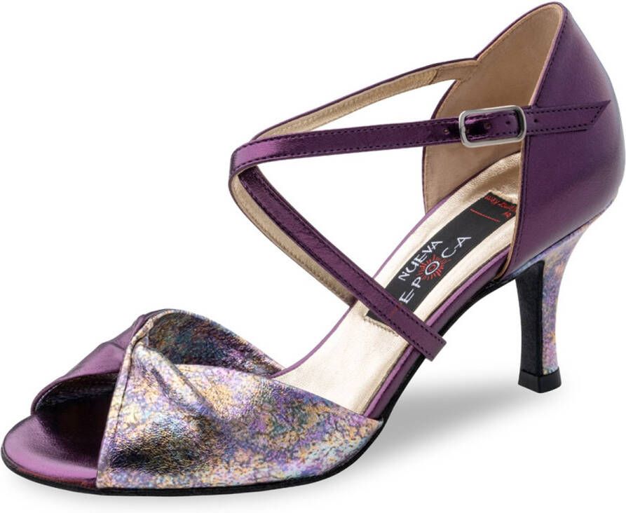 Nueva Epoca Violeta Dansschoenen voor Dames Donkerpaars en Meerkleurig Leer Suede zolen Open teen Tango Latin Salsa schoenen Hak Paars