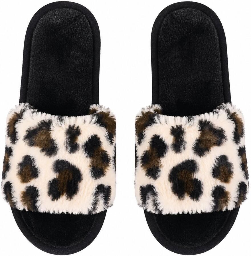 NUVEX Beige dames pantoffels instap slippers pluche luipaard print warme huis slippers zachte zool open teen winter