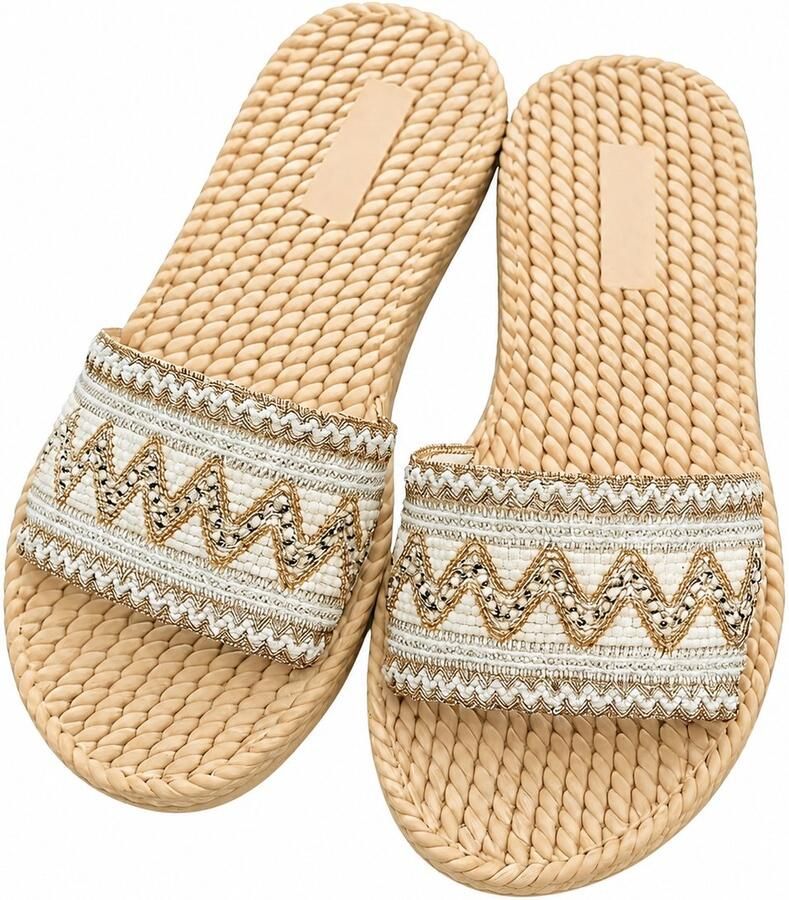 NUVEX Beige dames slippers instap sandalen platte slippers open teen dikke zool bohemian geborduurde band casual zomer slippers antislip