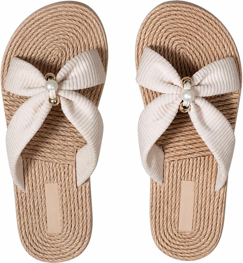 NUVEX Beige dames slippers platte instap sandalen open teen gevlochten zool met stoffen strik parel detail casual strand