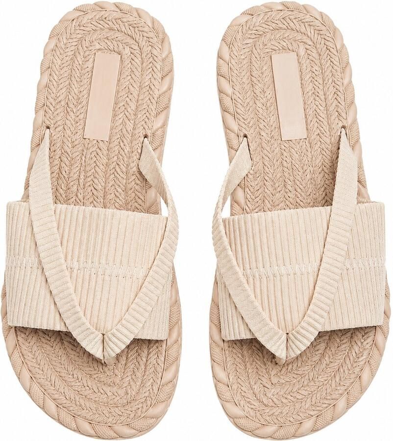 NUVEX Beige teenslippers dames met gekruiste stoffen band lichtgewicht slippers met gevlochten zoolrand casual zomerschoenen open teen EVA zool