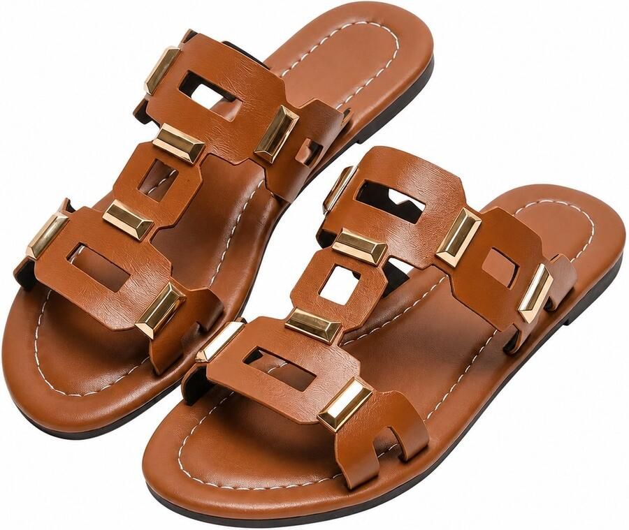 NUVEX Bruine dames slippers platte instap sandalen open teen met goudkleurige metalen details casual zomer slippers voor strand vakantie en dagelijks gebruik