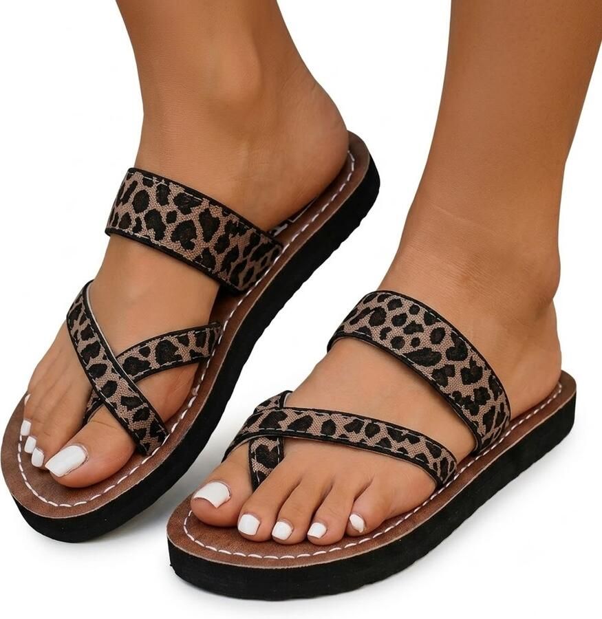 NUVEX Donkerbruine teenslippers dames met luipaardprint bandjes platte zomerslippers open teen casual strandslippers imitatie geweven look