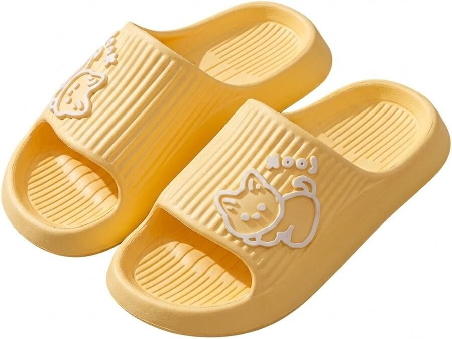NUVEX Gele badslippers en EVA instap slippers kattenprint antislip dik zool lichtgewicht open teen douche slippers geschikt voor binnen en buiten