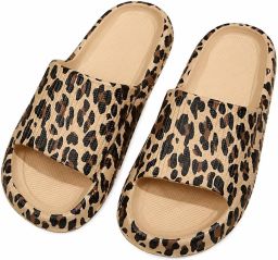 NUVEX Khaki badslippers dames EVA instap slippers luipaard print antislip open teen lichtgewicht zacht zool douche slippers strand slippers geschikt voor binnen en buiten