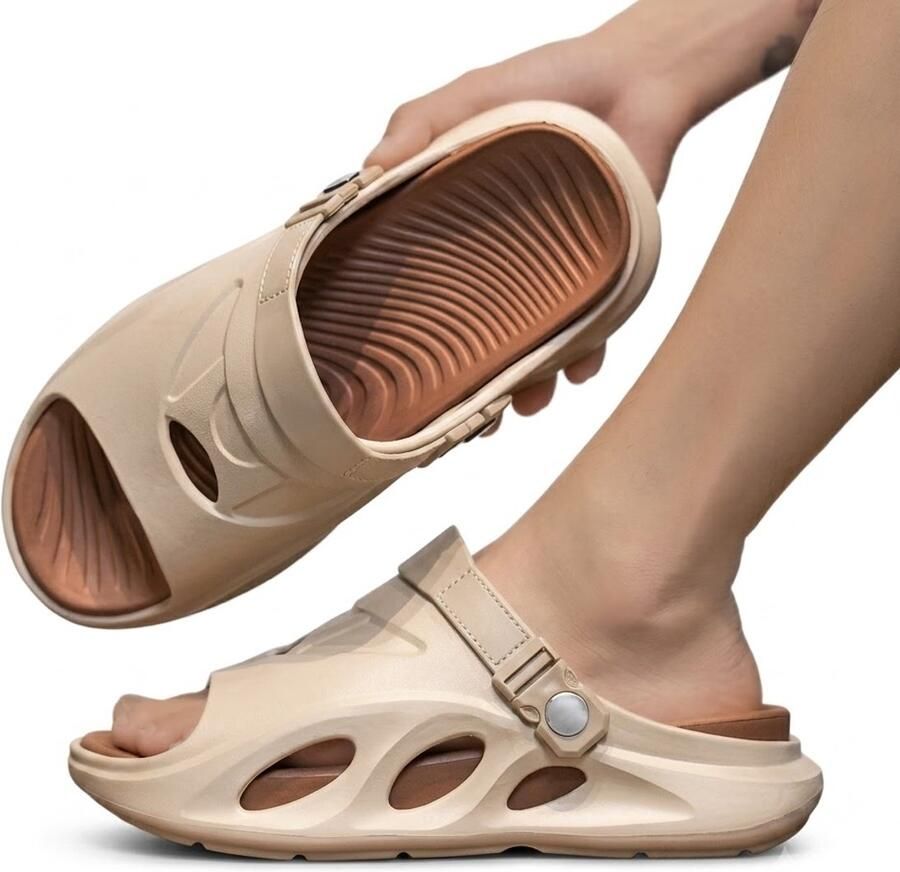 NUVEX Khaki badslippers en open teen instap slippers met verstelbare hielband antislip zacht zool dik zool ventilatie openingen casual zomer slippers geschikt voor binnen en buiten