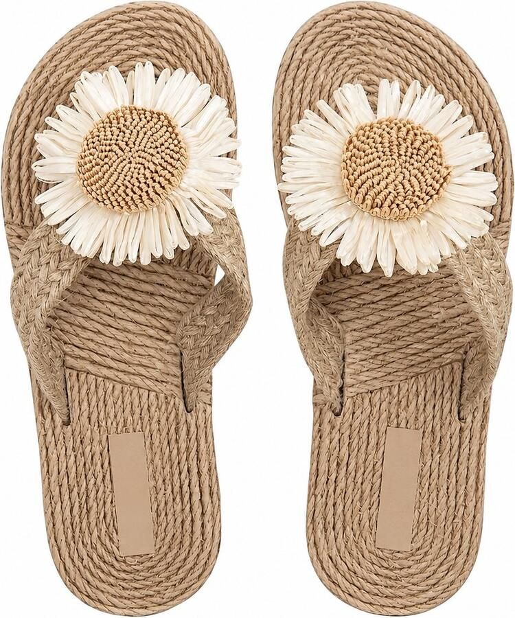 NUVEX Khaki teenslippers dames met margriet bloemen decoratie platte zomerslippers gevlochten look open teen casual strandslippers