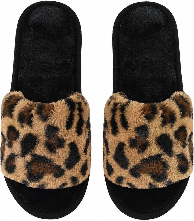 NUVEX Koffiekleurige dames pantoffels instap slippers pluche luipaard print warme huis slippers zachte zool open teen winter