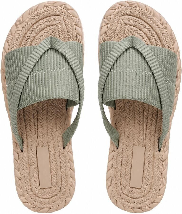 NUVEX Leger groene teenslippers dames met gekruiste stoffen band lichtgewicht slippers met gevlochten zoolrand casual zomerschoenen open teen EVA zool
