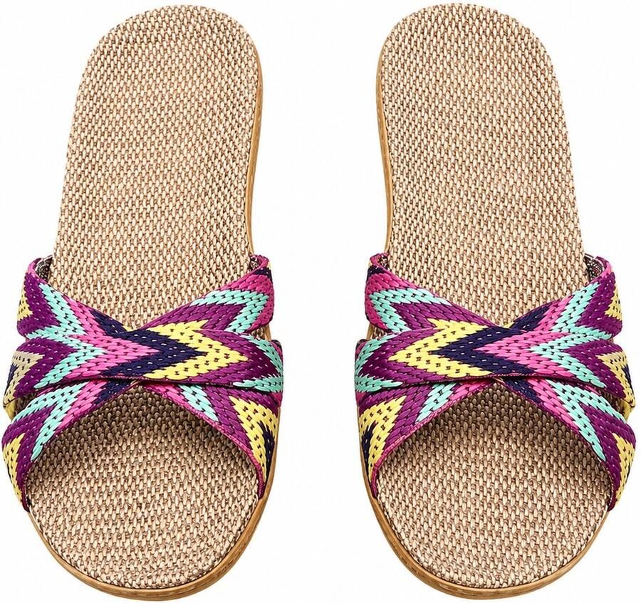 NUVEX Paarse dames pantoffels linnen instap slippers bohemian kruislings geweven banden open teen huis slippers zomer
