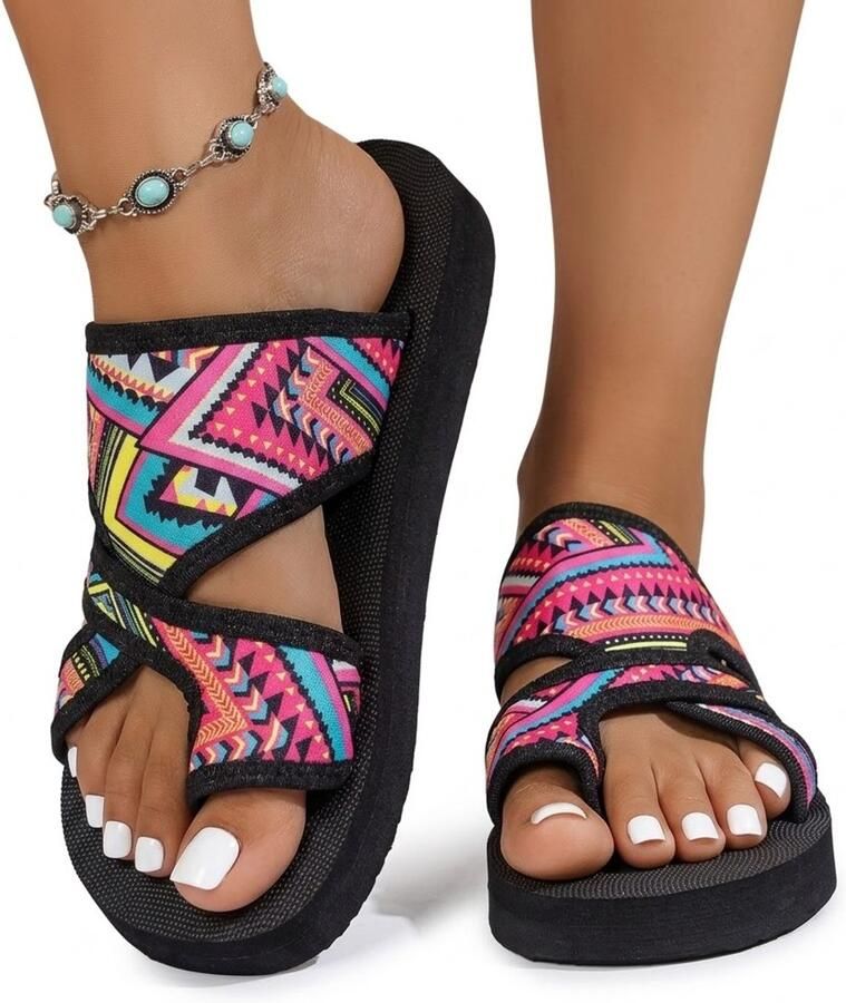 NUVEX Rode teenslippers dames met geometrisch patroon multicolor slippers met gekruiste bandjes open teen lichtgewicht zomerslippers casual strandslippers