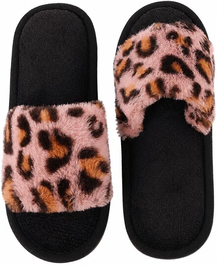 NUVEX Scharlaken dames pantoffels instap slippers pluche luipaard print warme huis slippers zachte zool open teen winter
