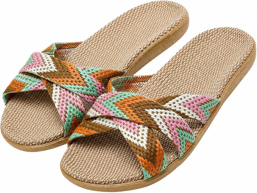 NUVEX Sepia dames pantoffels linnen instap slippers bohemian kruislings geweven banden open teen huis slippers zomer