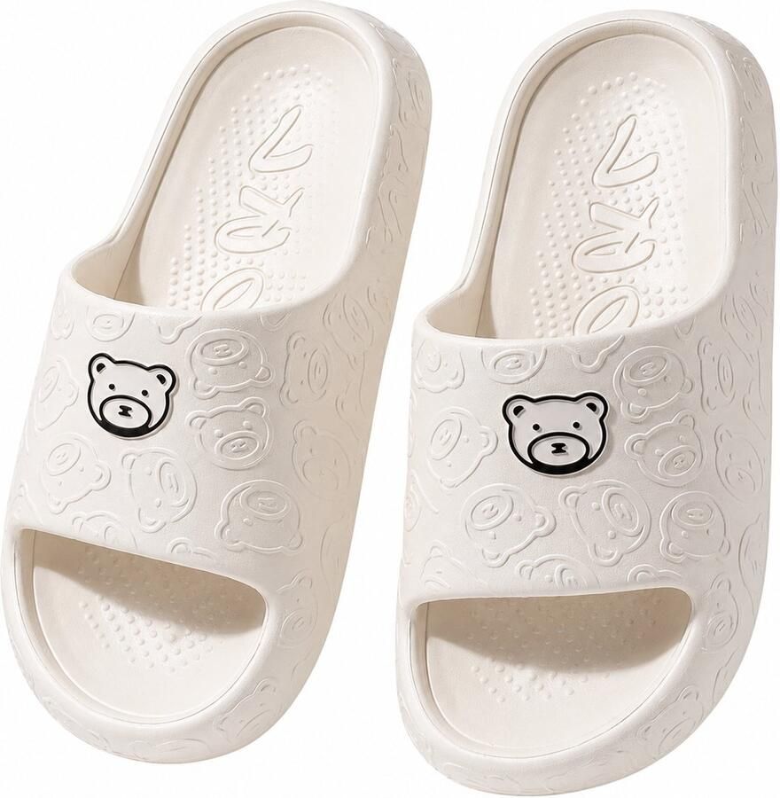NUVEX Witte badslippers dames EVA instap slippers berenprint antislip dik zool lichtgewicht open teen douche slippers strand slippers geschikt voor binnen en buiten