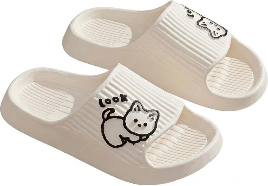 NUVEX Witte badslippers en EVA instap slippers kattenprint antislip dik zool lichtgewicht open teen douche slippers geschikt voor binnen en buiten