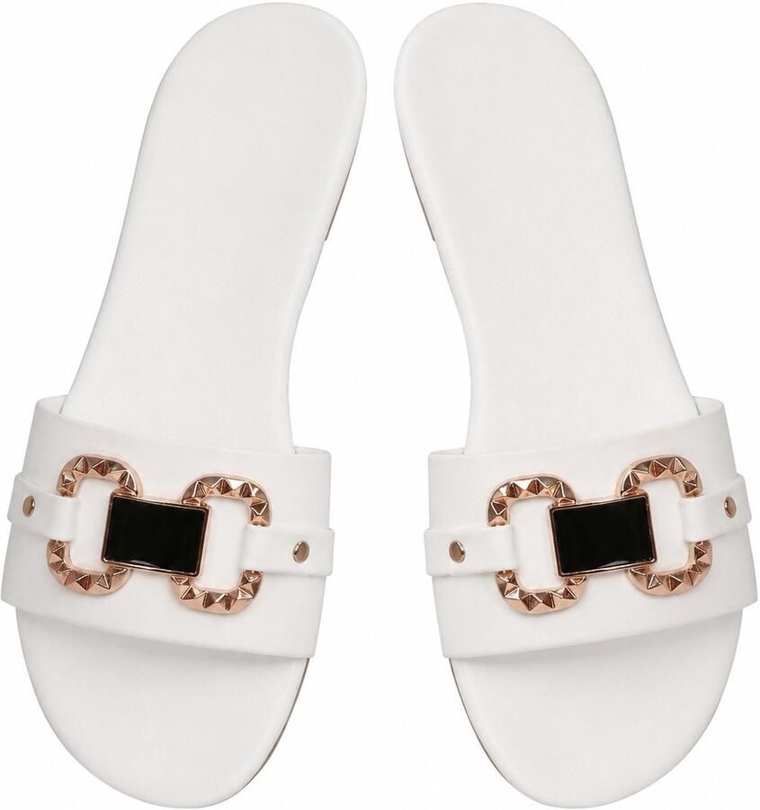 NUVEX Witte dames slippers instap sandalen open teen lage hak casual zomer slippers decoratieve gesp comfortabele slippers geschikt voor binnen en buiten