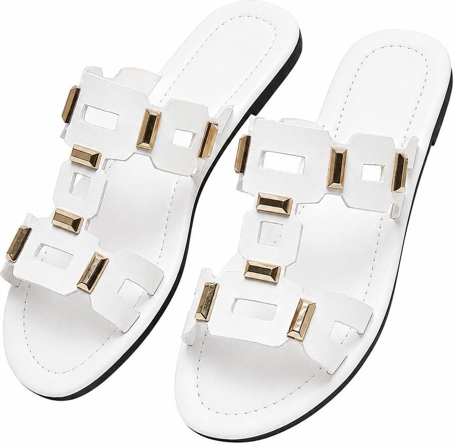 NUVEX Witte dames slippers platte instap sandalen open teen met goudkleurige metalen details casual zomer slippers voor strand vakantie en dagelijks gebruik
